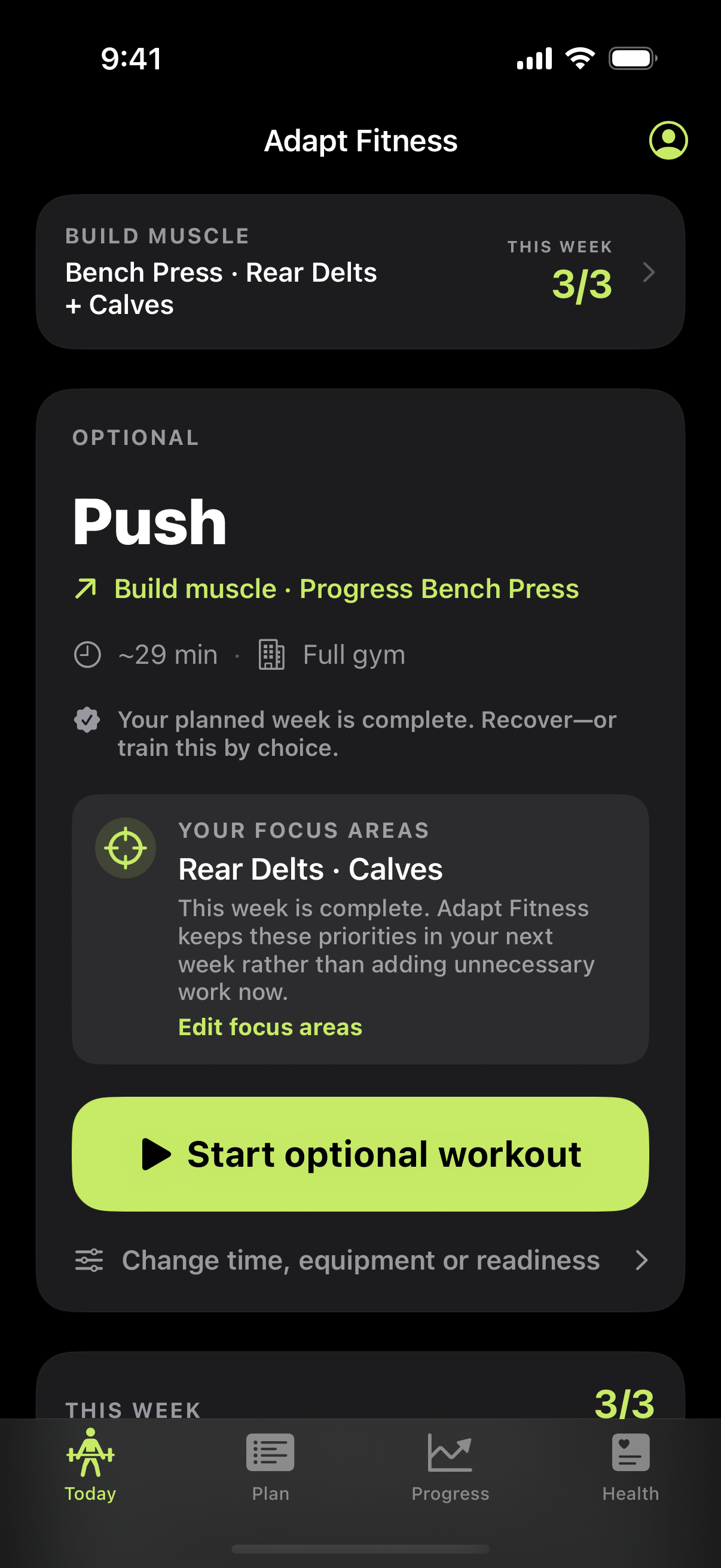 Adapt Fitness personalized workout home screen in dark mode